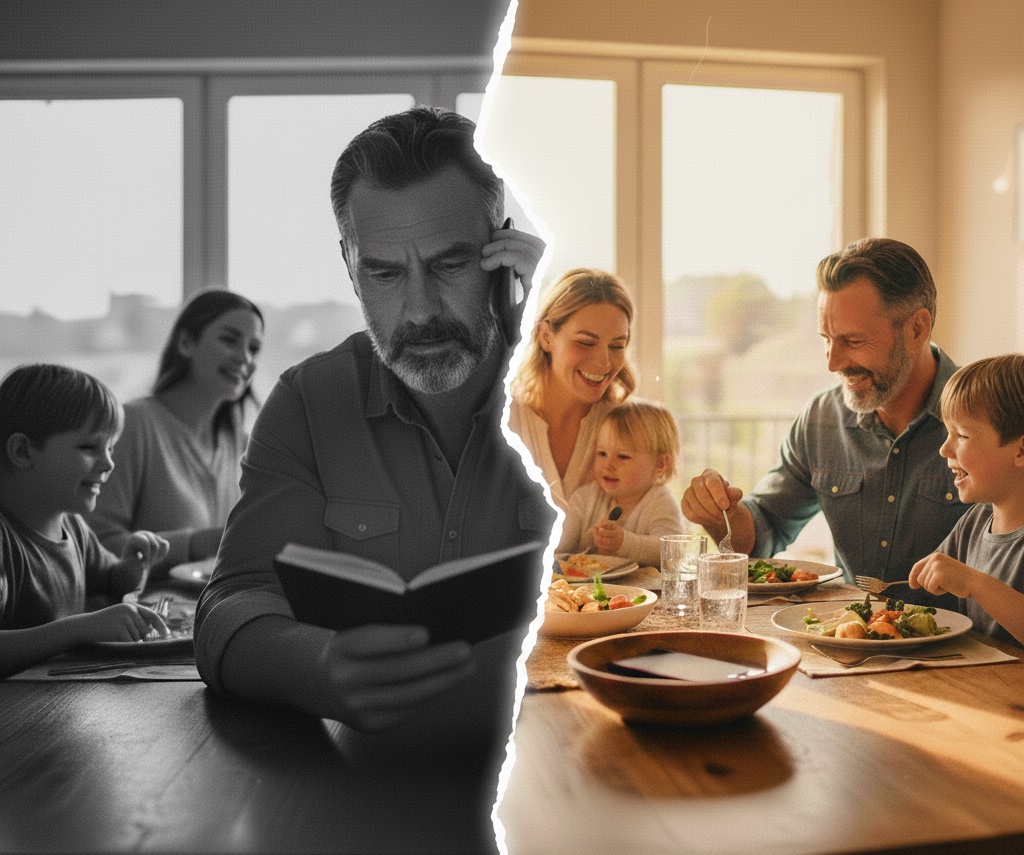 A split-screen image. Left side (Black & White): A stressed contractor at a dinner table looking at a notebook while on the phone. Right side (Color): The same contractor smiling, having dinner with his family, phone on the table.